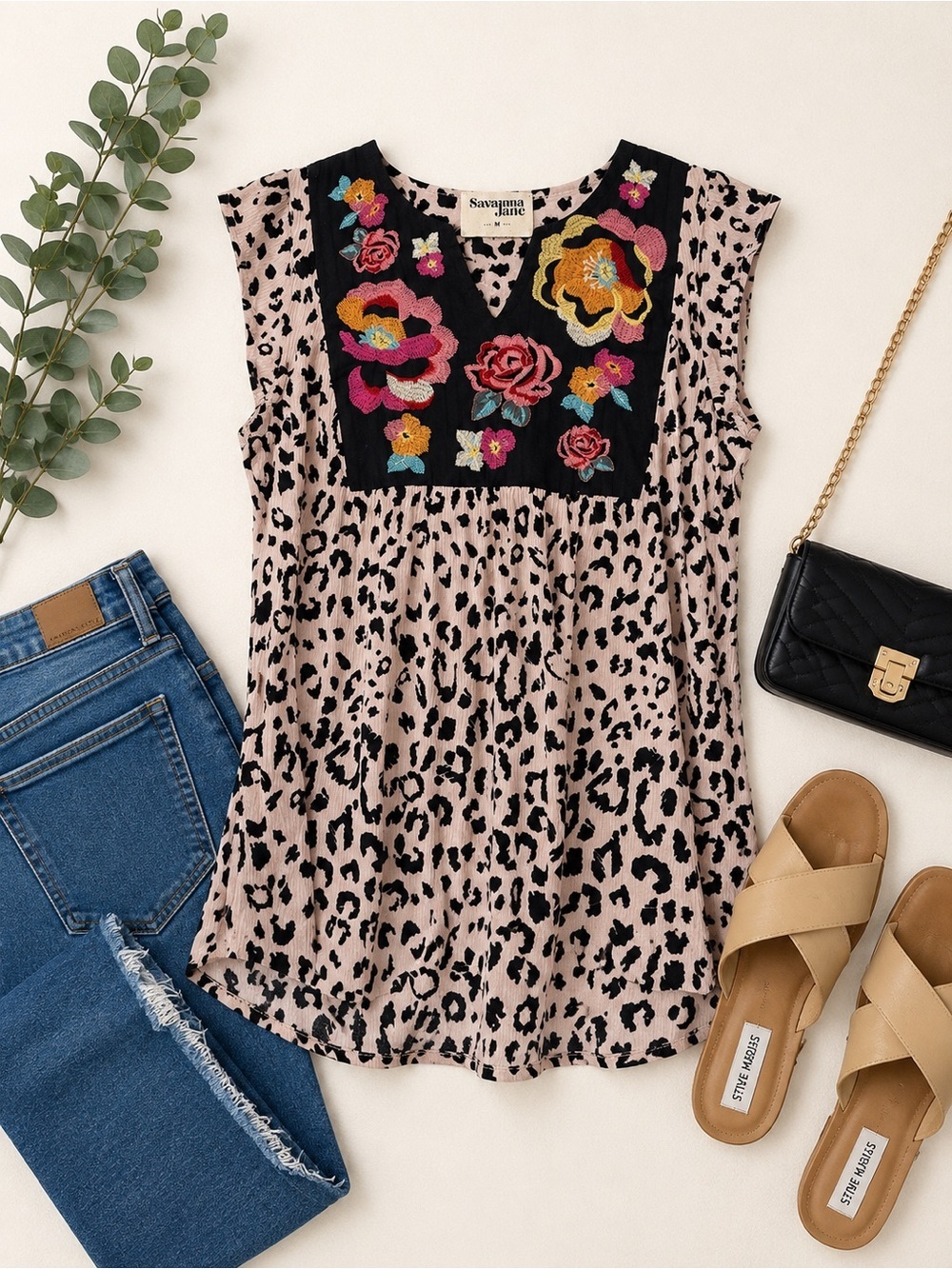 Savanna Jane Embroidered Leopard Print Boho Top Pink Black Floral Size M